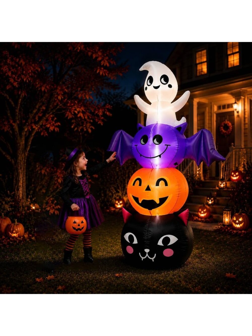 🎃 6FT Halloween Inflatable Pumpkin Black Cat Ghost Yard Decor with LED Lights